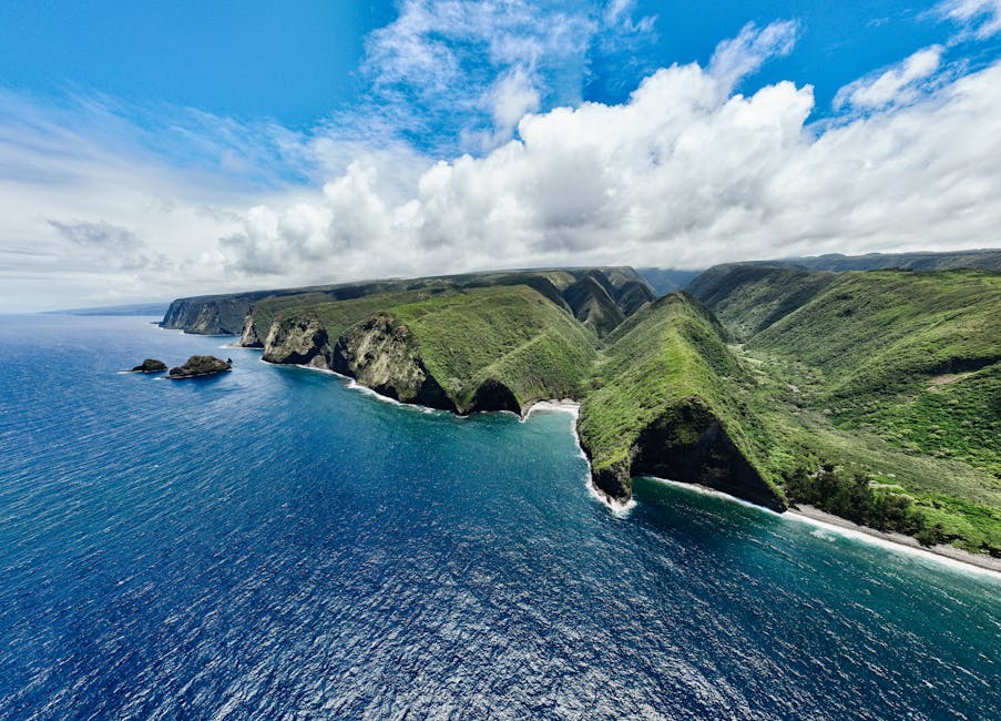 Breathtaking drone shot of Hawaii's Hamakua coast with lush green cliffs and deep blue ocean.