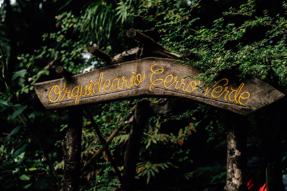 A rustic wooden sign surrounded by lush greenery at Orquideario Cerro Verde, depicting natural beauty and tranquility.