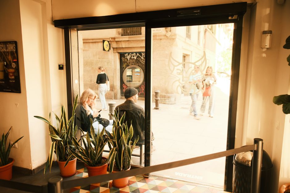 Charming Barcelona cafe interior with plants, offering a street view through a glass door.