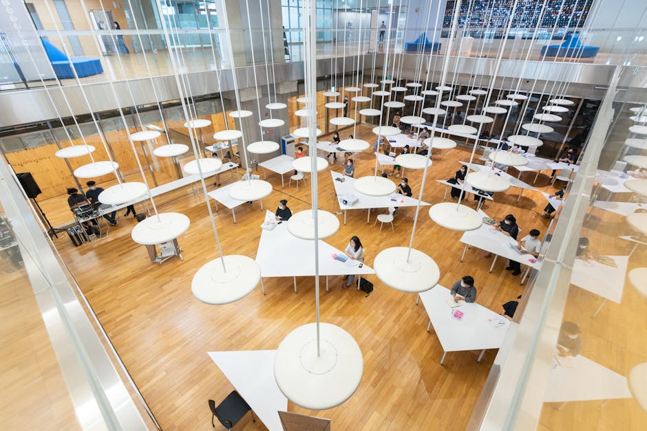 Overhead view of a classroom with spaced tables for social distancing during COVID-19.