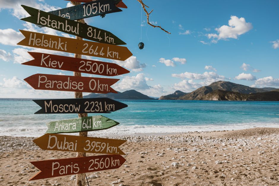 Colorful signpost on beach showing distances to various cities, sunny day.
