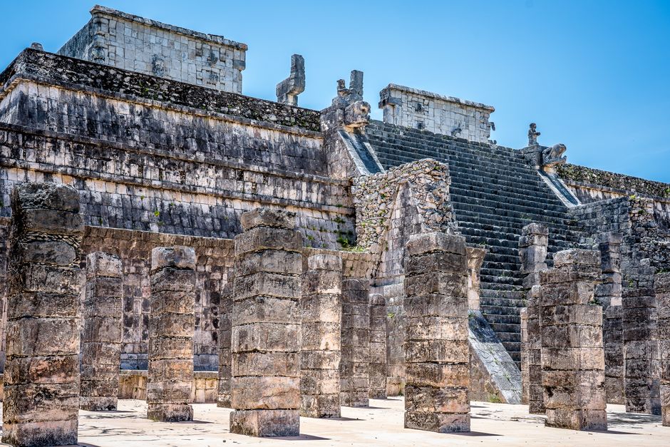 Explore the ancient Mayan ruins of the Warrior's Temple in Mexico, a UNESCO World Heritage Site.