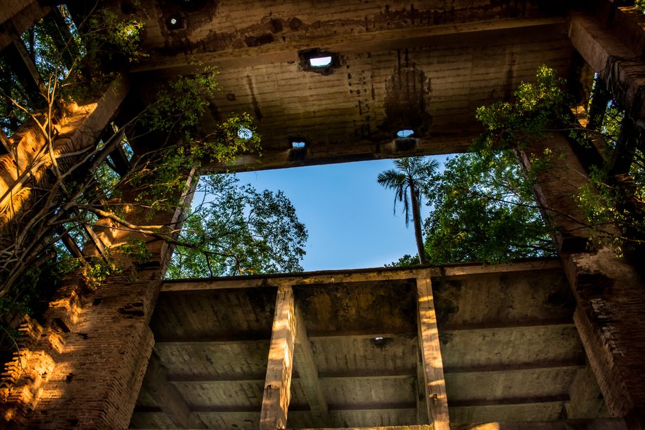 Explore an abandoned building with nature reclaiming it, revealing the open sky and lush trees.